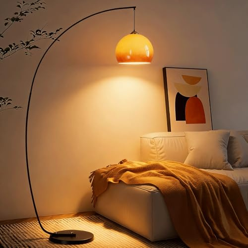 Wylolik Lámpara de pie moderna de arco, lámpara de pie de cristal naranja, regulable en 3 colores con interruptor de pie, lámpara de pie curva de 180 cm de altura para sala de estar, dormitorio, comed