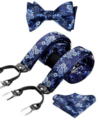 HISDERN Blau Herren Hosenträger mit 6 starken Clips Extra Breit Paisley Y Form Hosenträger für Herren mit Fliege Einsteckuch Set…