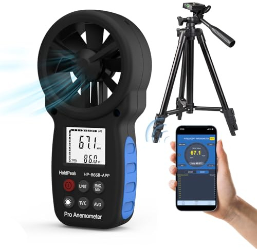 HoldPeak Handheld Anemometer Bluetooth with Tripod, Digital Wind Speed Gauge Meter, Air Flow Velocity Temperature CFM Measuring Device for HVAC Outdoor Sailing Shooting Golf
