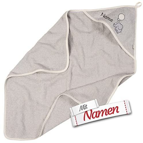 LALALO Elefant Kapuzenhandtuch mit Namen Bestickt für Baby & Kinder, Grau, Frottee Badetuch Badehandtuch/Kinder-Badetuch mit Kapuze personalisiert