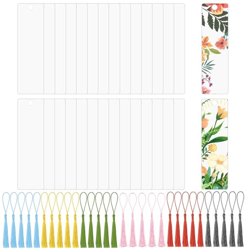 DRERIO 30 Pcs Acrylic Blanks Bookmark Clear DIY Acrylic Bookmarks Small Craft Bookmark Transparent Rectangle Bookmarks Set with Hole and 30 Pcs Tassels for Crafts,Decorations,DIY Crafts