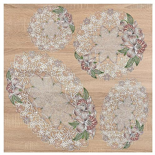 DSD Design-Studio Drechsler Deckchen Orchidee aus Echter Plauener Spitze 4er Set gestickte Tischdecken mit Blumen-Muster in rosé