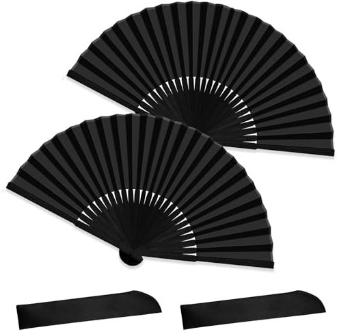 Redamancy Evantail Noir, 2 Pièces Eventail Bois, Éventails Pliants Noir, avec 2 Sacs de Rangement, Éventails Pliants pour Danse, Accessoire de Séance Photo, de Mariage