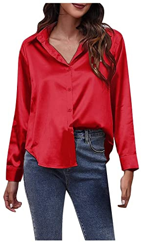 Chemise Femme, Chemisier Blouse Femme Chic et Élégant Chemise Femme en Satin Haut Fluide Ample Manche Longues Col V Shirts,Rouge,XL,F66S