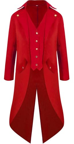 WAZHAKU Manteau de frack steampunk pour homme - Style gothique médiéval - Uniforme victorien - Manches longues - Veste de smoking pour carnaval, Renaissance, pirate, fête, pirate, cosplay, rouge, XL