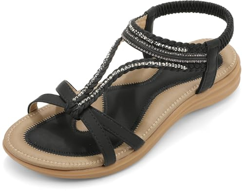 UBFEN Womens Bohemian Flat Sandals With Back Strap Summer Beach Comfortable Bling A Black Size US 7