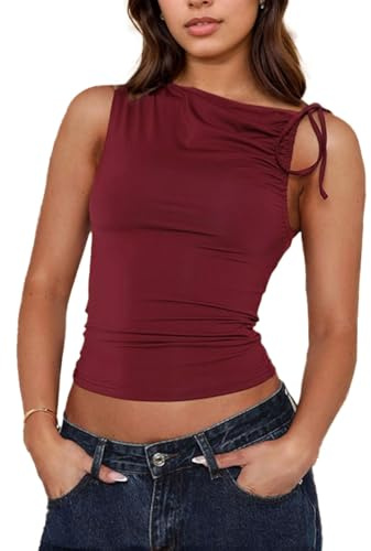 EMOTTOS Camiseta de Tirantes Asimétricos para Mujer, Sexy Y2K Ajustada Crop Top sin Mangas con Correa Ajustable, Slim Fit Tops sin Hombros para Verano Club Fiesta, Rojo, L