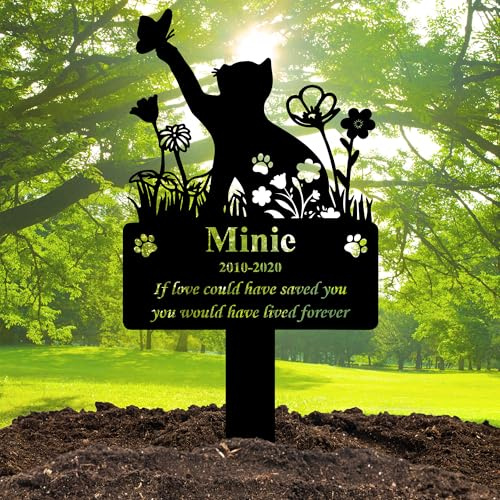 HEGANITS Personalized Cat Grave Marker, Custom Metal Meow Garden Stake, Pet Headstones for Animal Loss Sympathy Gift, Memorial Waterproof Tombstones, Remembrance Outdoor Gravestone
