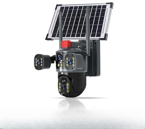 DEJIN Caméra dôme solaire à 360° à triple objectif, surveillance panoramique et inclinable à 360 °, étanche et caméra de sécurité sans fil, audio bidirectionnel, vision nocturne en couleur (version