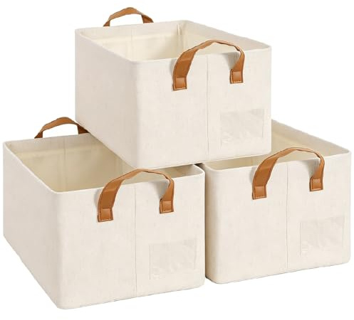 SYEXDZON Caja Almacenaje, Juego de 3 Cestas de Tela para Guardar Cosas, Cubos de Almacenamiento Plegables con Manijas, Marco de Metal, para el Dormitorio y el Salón, 47 * 28 * 20cm