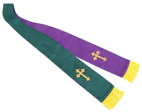 GALPADA Estola Bordada para Pastor y Clérigo con Borlas, Chal Reversible de Satén en Verde y Púrpura para Ceremonias, Regalos y Grupos Musicales