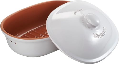 Römertopf Brottopf weiß 6,5 Liter – ovaler Brotbehälter aus natürlicher Keramik mit Deckel – zur Aufbewahrung von Brot, Brötchen, Obst & Gemüse – atmungsaktiv & spülmaschinengeeignet