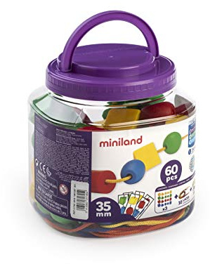 Miniland Educational 154216 - Bote con Bolas ensartables 35 mm, 60 Piezas