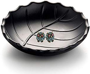 Binoster, Vassoio per gioielli a forma di foglia di colore nero, per riporre gioielli, portachiavi, decorazione per cassettiera, 21,5 cm x 11,5 cm x 4 cm