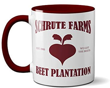 Schrute Farms Mug- The Office US Funny Novelty Gift Present Dwight TV Shows Idea Heavy Duty Handle Dishwasher and Microwave Safe Birthday Christmas Coffee (Boardeaux Red Handle Prime)