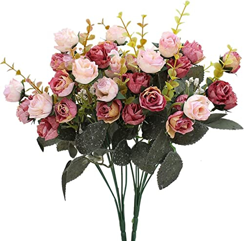 powomuge Künstliche Rosen Blumen-7 Zweige 21 Rosen Kunstblumen Wie Echt für Hochzeit,Heim Deko Blumen(2 Stuck) (Pink)