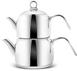 Karaca Urban Mini Edelstahl Teekessel-Set, Wasserkocher 1.25 Liter & Türkische Teekanne 0.85 Liter, Samowar Stil, Kapselboden für Induktion geeignet, Wärmeresistente Griffe Caydanlik (Çaydanlık)