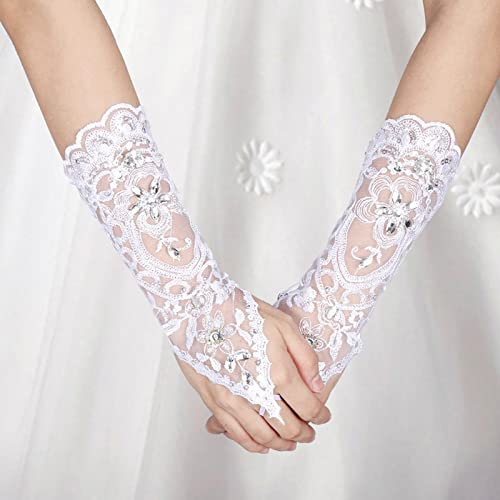 Vintage Syle Ivory Vit Spets Brud Brud Rhinestone Sexiga Fingerless Handskar Bröllopstillbehör,Bröllopsspetshandskar, Spets Fingerless Rhinestone Brudhandskar för bröllopsfest(White)