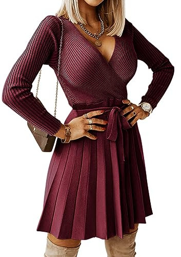 Livonmone Women's Winter Jumper Dress Long Sleeve V-Neck Knitted Dress High Waist Elegant Short Dresses Burgundy L