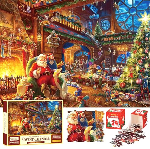 POPOYU Christmas Advent Calendar 2026 Jigsaw Puzzles Kids,27x19inch Xmas Advent Calendar Puzzles 1008 Pieces 24 Days Divided into 24 Boxes,Christmas Puzzles Countdown calendar for Adults Kids Gifts