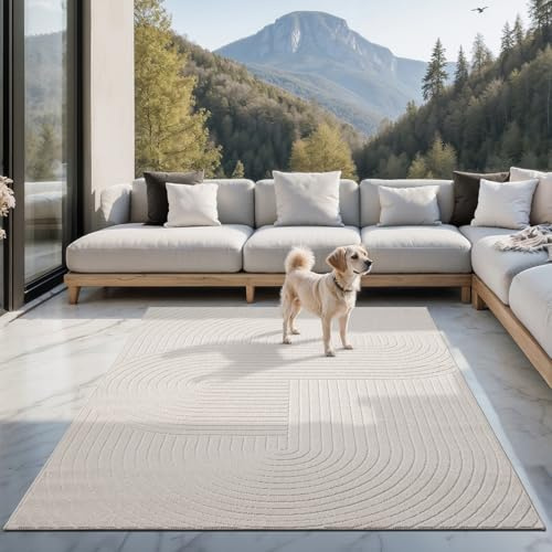 the carpet Santo Plus Outdoor Teppich – Wetterfest & Pflegeleicht, Balkon Teppich, Terrasse & Garten, Flachgewebe Indoor & Outdoor, Modern für Wohnzimmer & Schlafzimmer, Creme, 240 x 340 cm