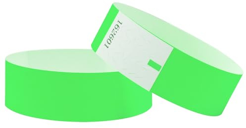 L LIKED 500 braccialetti numerati per eventi, braccialetti impermeabili in carta al neon, per feste, ingresso, eventi, festival musicali, concorsi (verde fluo)