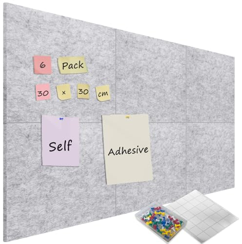 Sliandtelly 6 Stück Filz-Pinnwand mit 60 Pins, 12 mm dick Pinwand Korkwand selbstklebend, Groß Filz-Korkplatten für Fotos, Notiz-Memoboard Wanddekoration für Zuhause Küche Büro Schule, 30x30cm, Grau