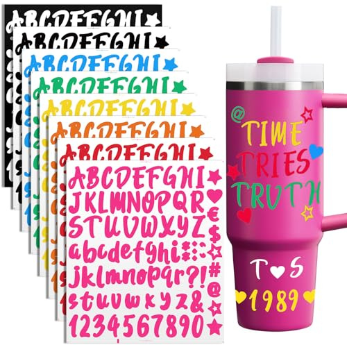 AIERSA Vinyl Letter Stickers for Stanley Cups Waterproof, Alphabet Name Sticker to Persoanlize Your Cups, Self-adhesive Lettering Water Bottle Stickers, 8 Sheets