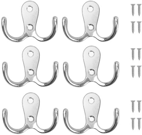ruitao 6 PCS Dual Coat Door Hooks, Double Prong Wall Mounted Hooks with 12 PCS Screws for Hanging Hat Clothes Tie Towel Metal Retro Cloth, Hanger for Bathroom Bedroom Kitchen,Silver