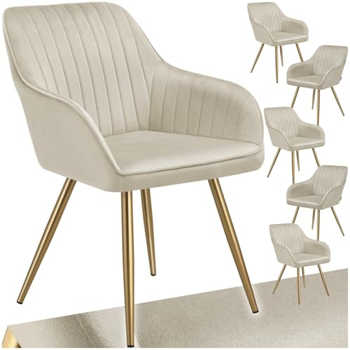 tectake® Set med 6 karmstolar i mjuk vadderad sammetslook, eleganta kökstolar med bekvämt ryggstöd & armstöd, stålben med halkfria plastkåpor och tidlös design, perfekt för matsalen - Creme/Guld