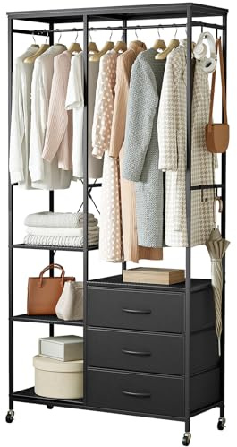 Mintnook Clothes Rack Heavy Duty Clothing Rail Freestanding, Movable Open Wardrobe with Drawers, Wood Top, Steel Frame, Wheels & Adjustable Shelves, Black