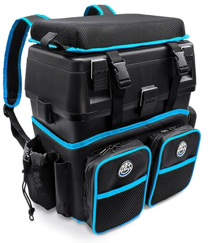 Pro Tackle Allround Sitzkiepe mit Rucksacksystem – Stabile, leichte Kiepe für Angler, Gepolsterte Sitzfläche, Integrierter Rutenhalter, 3 Reißverschlusstaschen (Sitzkiepe + Rucksacksystem (Blau))
