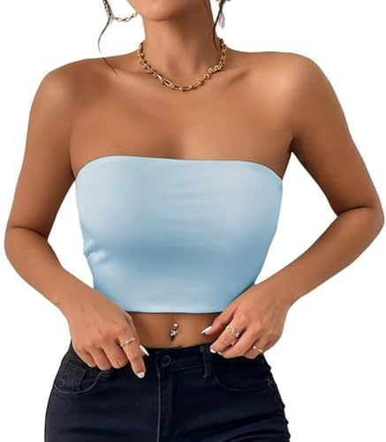 Sukiglam Tube Top Dam Axelbandslös T-shirt Sommar Bandeau Slim Fit Ärmlös Crop Toppar med Elastiskt Band Dubbla Lager Blus Basrör Y2K Skjorta Sexig Ingen Vadderad Bustier Estetiska Kläder