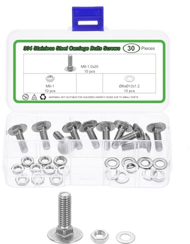 sourcing map 10 Set Carriage Bolts and Nuts Kit, M6-1.0x20 Stainless Steel 304 Round Head Square Neck Carriage Bolts Screws and Hex Nuts and Flat Washers - Silver
