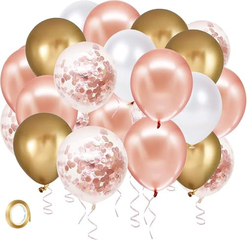 Elalove 70 Ballons Rose Gold, Blanc, Doré à Paillettes, Kit Anniversaire Mariage avec 2 Rubans, Décoration Fête EVJF Baptême