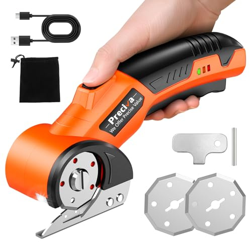 Preciva Cordless Electric Scissors - Rechargeable Cardboard Cutter with 2 Blades, Safety Lock & LED Light for Crafts, Power Rotary Cutter for Fabric, Leather, Carpet, Cardboard Box, Plastic