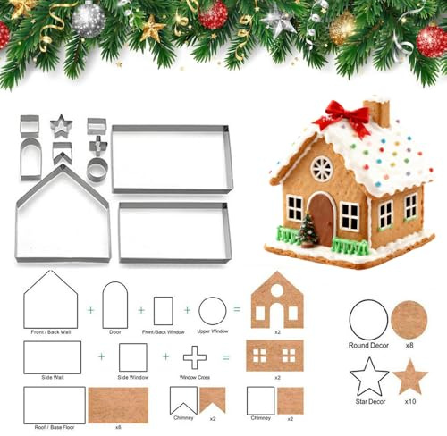 Gingerbread House Cookie Cutters Shapes Set, Large 3D Gingerbread House Kit for Kids, 10Pcs Stainless Steel Biscuit Molds for Christmas Winter Holiday Baking and Decoration, Gift Package