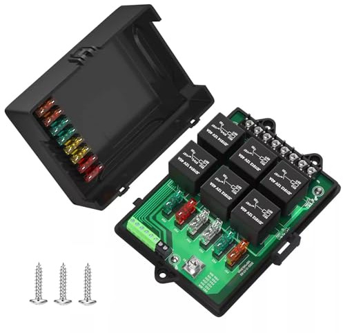 Fuse Relay Box 12V Automotive Universal Fuse Panel with 6 Way Relays and 14 ATC/ATO Blade Fuses for Car Truck Boat