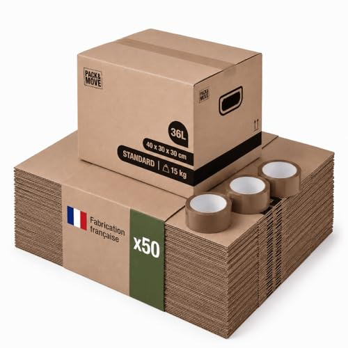 Pack and Move - Förpackning med 50 flyttlådor för bokförvaring - 40 x 30 x 30 cm - förstärkta handtag - 3 självhäftande erbjudanden