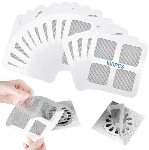 100 coladores de pelo para ducha, 10×10 cm, autoadhesivos, filtro de desagüe de malla fina, red de desagüe desechable para ducha, bañera y cocina, contra obstrucciones