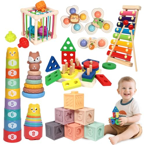 LearnToy Montessori - Kit de actividades 7 en 1 para niños de 18 a 36 meses, juguete con bloques de apilamiento, mordedor y juego de sensores