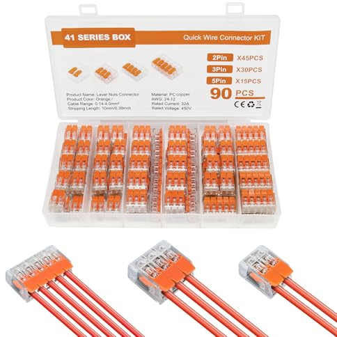 90 Stück Kabelverbinder Lüsterklemmen – Hebelklemmen 2/3/5-polig, für 0,14–4 mm² Leiter, Feuerfeste PC Verbindungsklemmen für Elektroinstallation