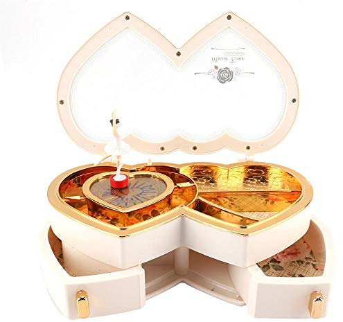 MAGT Boîte à Bijoux Musicale, étui de Rangement de Bijoux de Musique de Ballerine à Double Coeur pour Petites Filles(Blanc)