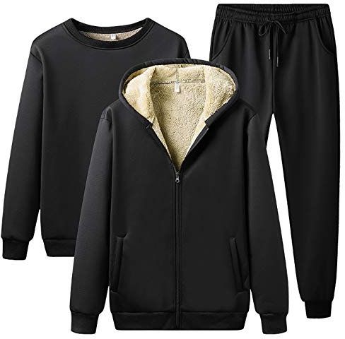 Jamron Herren Übergröße 3 Stück Winter Sherpa Fleece Trainingsanzug Jogginganzug Sportanzug Schwarz XL