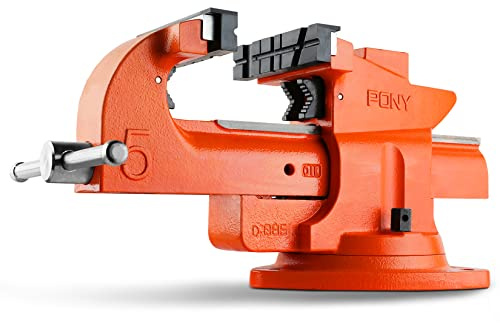 PONY Heavy Duty Bench Vise, 5-inch Jaw Width 7-inch Jaw Opening, 360-Degree Swivel Base with Anvil, Utility Combination Pipe Home Vise for Woodworking, One-Pair Vise Jaw Pad Included