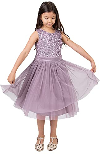 Maya Deluxe Vestido Midi para niñas con Lentejuelas adornadas para Fiesta, tutú, Damas de Honor, Boda con Lazo para cinturón, Lila Moody, 5-6 Años