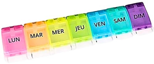 Pilulier Semainier FRANCAIS 7 jours | Pilules, Medicament Pour chaque jour de semaine | Rangement Grande capacité | Ouverture facile | Ideal Voyage | Couleur Arc-en-ciel | Accessoire médicaux Sans BPA
