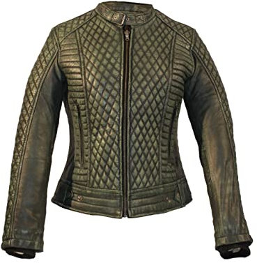 KEROZEN Ambre Giacca da moto con protezioni omologate CE - Giacca da moto in pelle da donna - Giacca trapuntata a maniche lunghe con fodera termica, verde, M