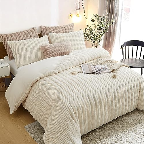 Lanqinglv Plüsch Bettwäsche 200x200 cm Weiß Flauschig Langhaar Kunstfell Dick Winterbettwäsche Warm Kuschelig Flanell Fleece Cashmere Touch Bettbezug mit Reißverschluss und 2 Kissenbezug 80x80cm