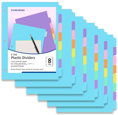 3 Ring Binder Dividers with TAB,48PCS/6 Set Plastic File Dividers,8 Tab 3 Hole Punch Dividers,Pastel Color,Letter Size,6 Sets